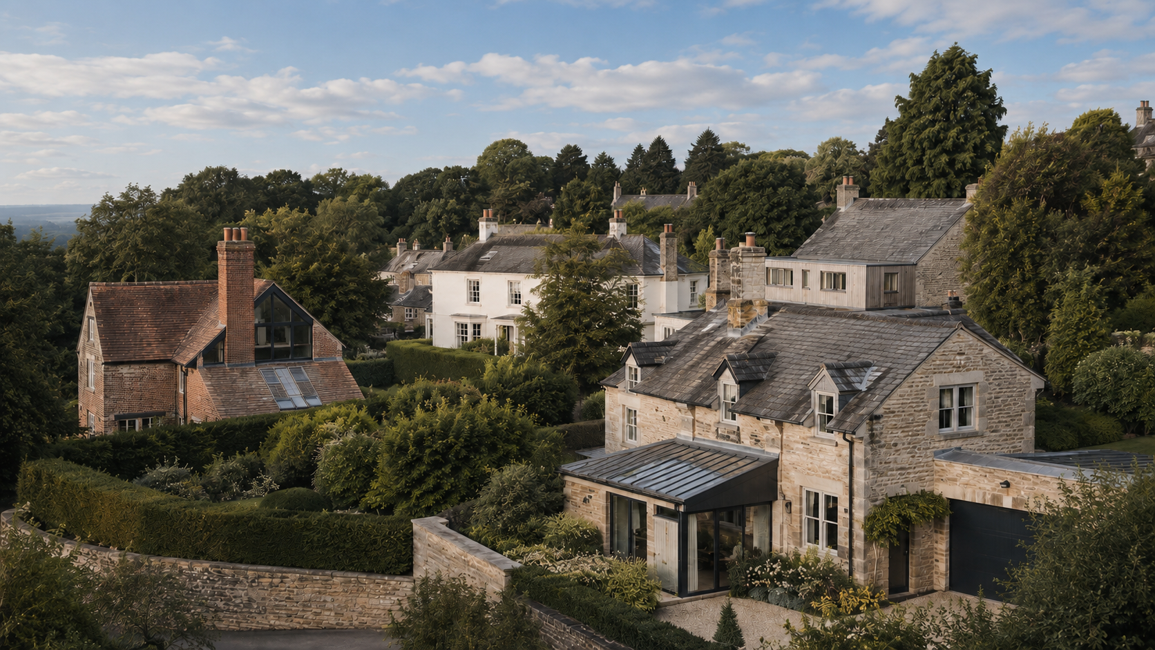 A varied group of English homes in a leafy residential setting